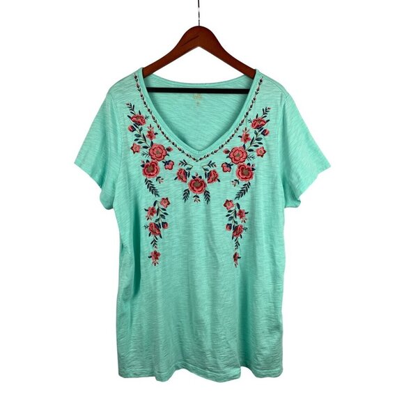 Belle By Kim Gravel Embroidered Floral Tee Size 1X Aqua Cotton/Modal - Picture 1 of 4